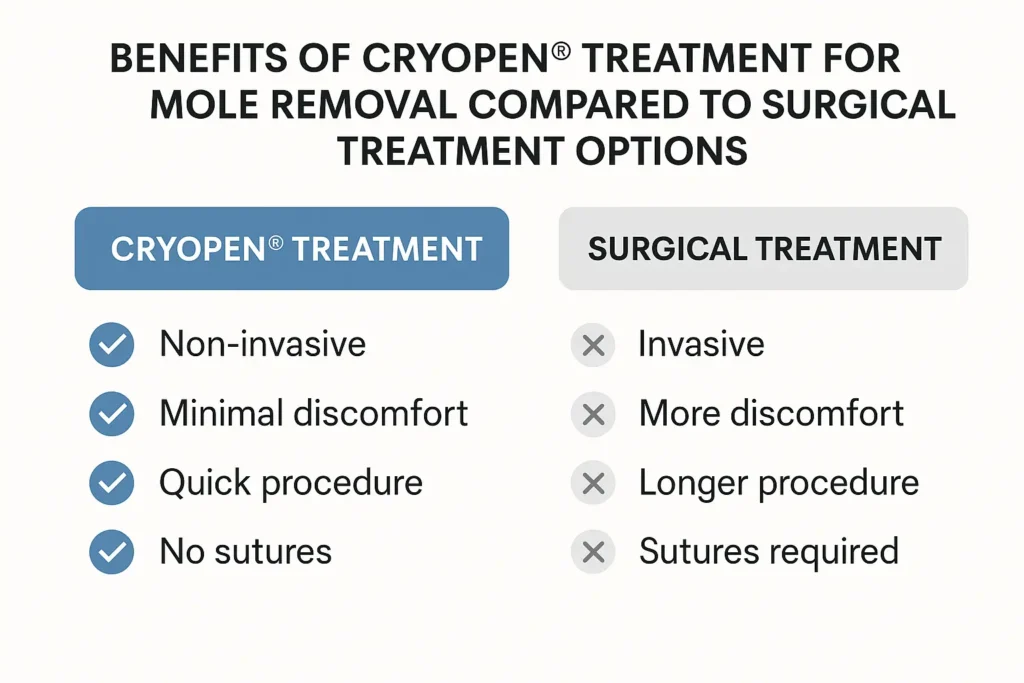 Table to show the benefits of getting moles removed Mansfield from LA LIPO