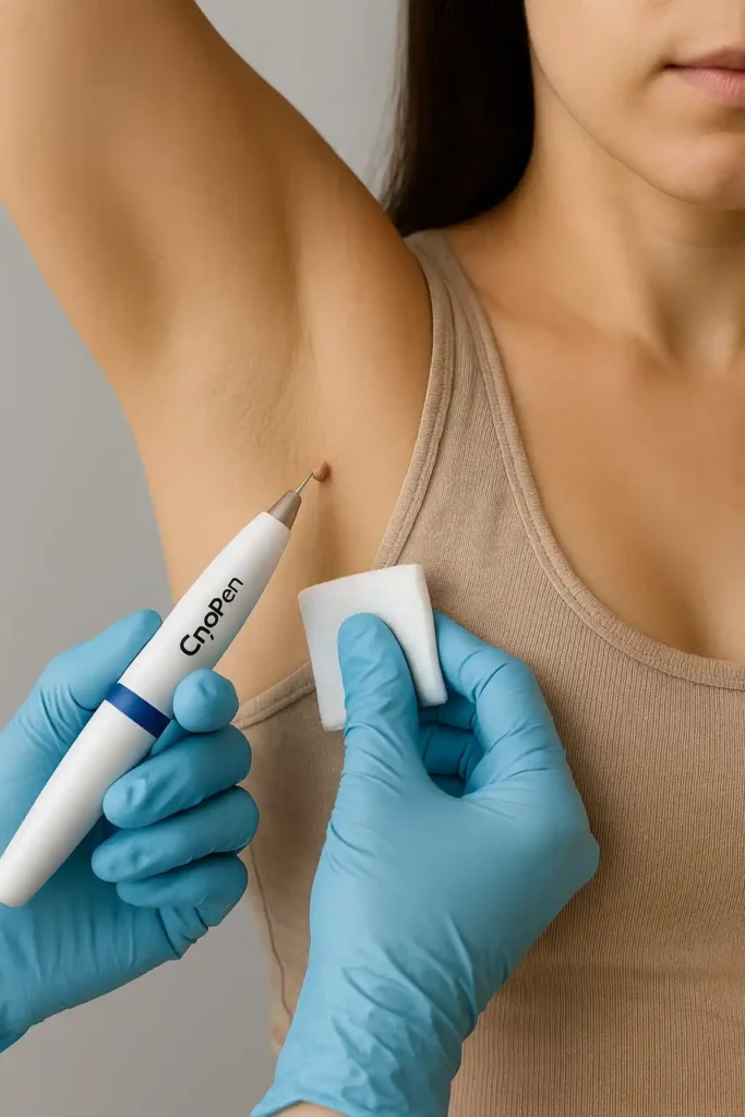 woman having cryopen to remove underarm skin tags Mansfield