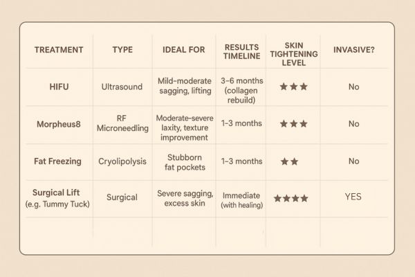 Table showing the comparisons of Skin tightening Mansfield treatment options.